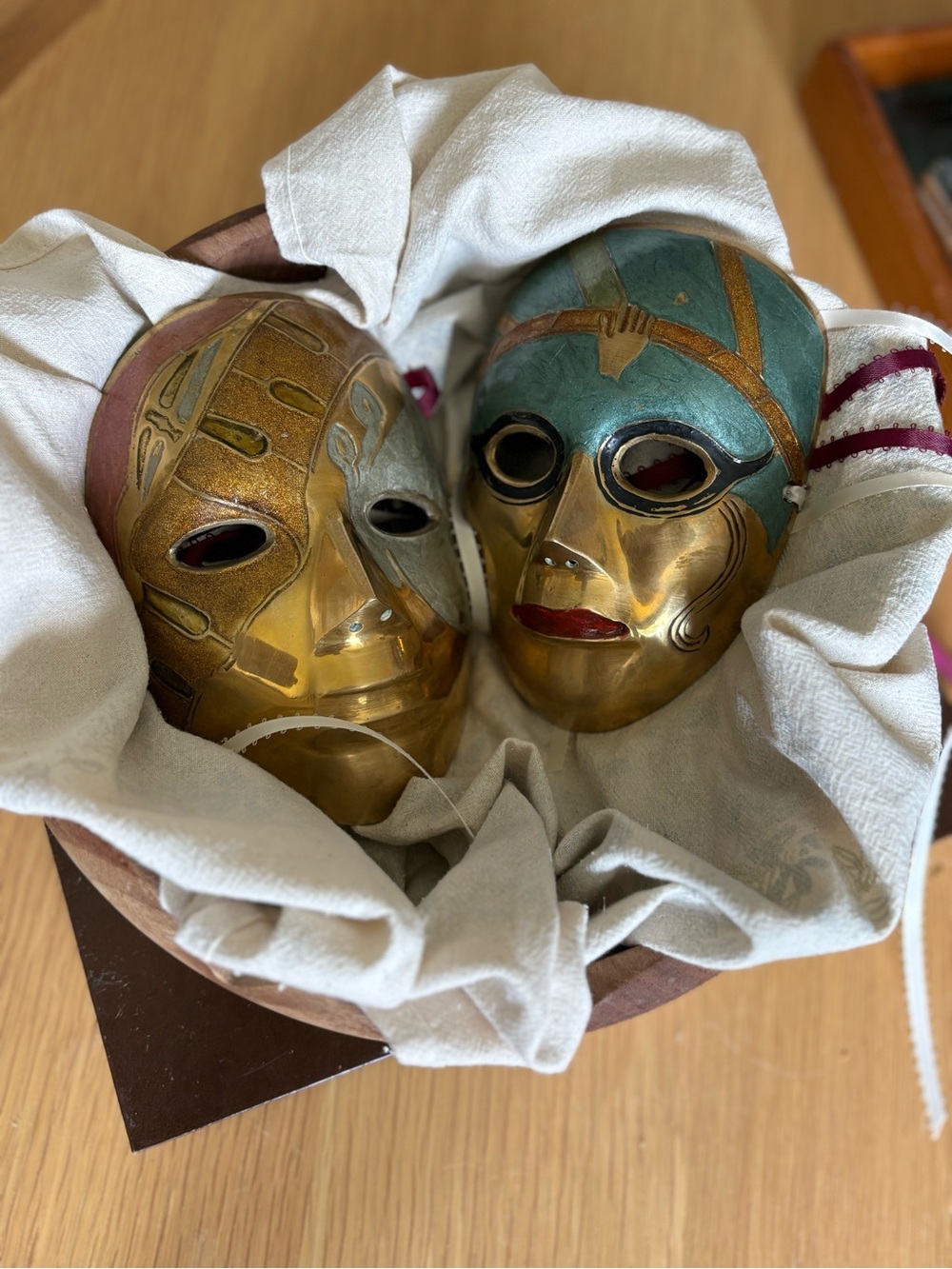 Pair of Vintage Decorative Brass Theater Masks - Gold and Teal Accents